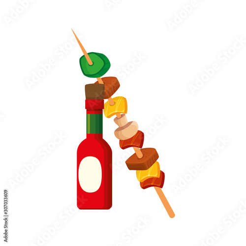 brochette of meat and vegetables with bottle sauce vector illustration design