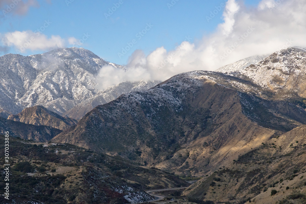 Valley going into Mountains with light snow. Southern California