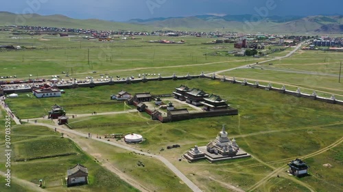 Aerial view of the Kharkhorin Erdene Zuu Monastery in Kharkhorin (Karakorum), Mongolia. Karakorum was the capital of the Mongol Empire between 1235 and 1260, 4k photo