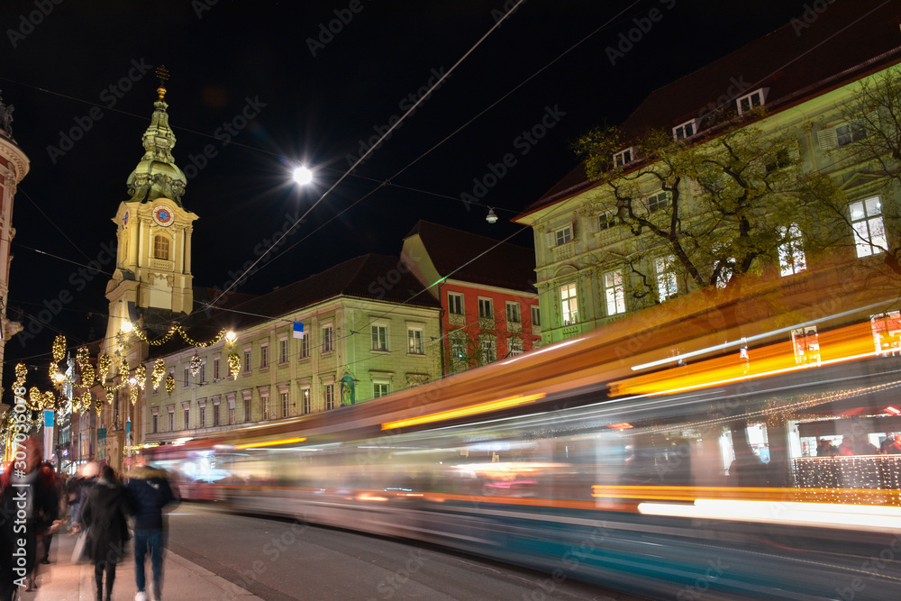 Beautiful Christmas decorations on Herrengasse street, at night, in the city center of Graz, Styria region, Austria