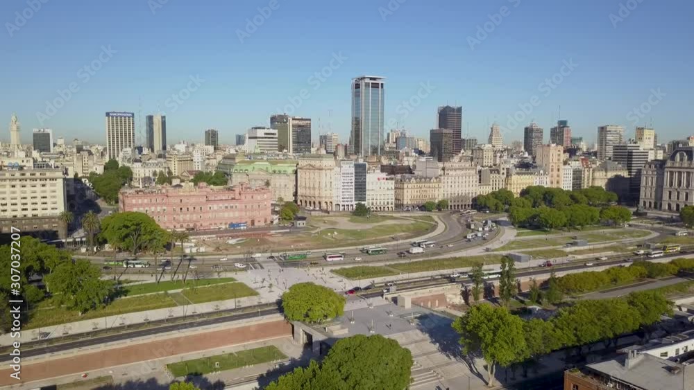 Aerial dolly out revealing Buenos Aires touristic landmarks in downtown area Aerial dolly out revealing Buenos Aires touristic landmarks in downtown area