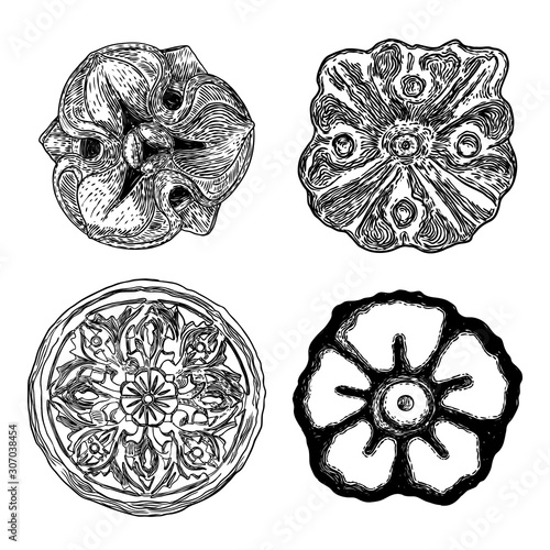 Set of vintage style floral circular design element. Flower rosette drawing for printing. Fashion pattern in black white for textile backgrounds. Vector.