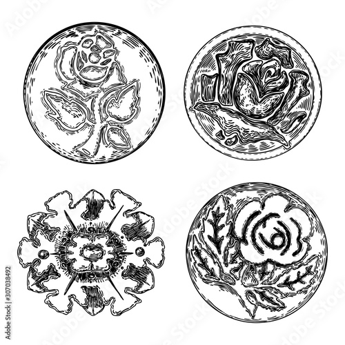 Set of vintage style floral circular design element. Flower rosette drawing for printing. Fashion pattern in black white for textile backgrounds. Vector. © desertsands