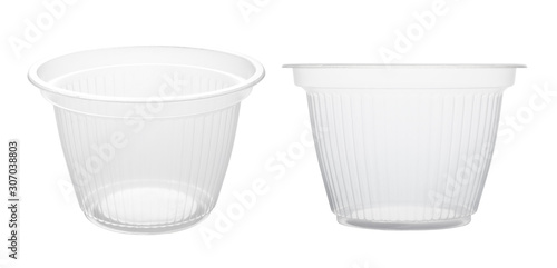 Transparent plastic bowl isolated on white background