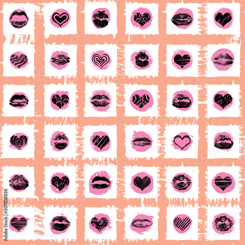 Lips and hearts seamless pattern on dots and lines background. Black and pink adult love seductive fashion print wrapping paper. World kiss day, Valentine's day, love and sex. Vector.