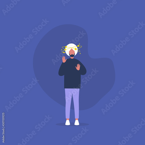 Young shocked indian male character having stars spinning around his head, vertigo conceptual illustration