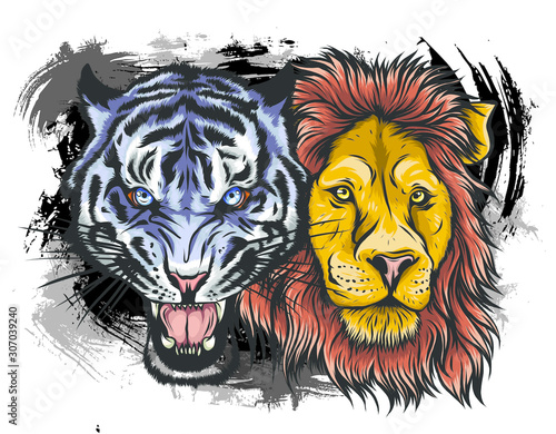 Lion and Tiger growling opposite each other, open an embittered mouth, canines, hand drawn doodle, sketch in pop art style, vector illustration