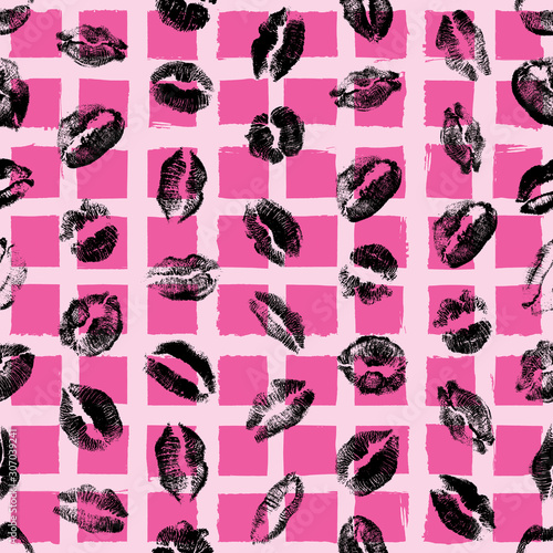 Red pink black lips seamless pattern on pop up grunge brush background. Girls lips prints stain. Vector. © desertsands