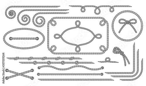 Rope. Set of various decorative rope elements. Frames, laces, knots and decorations. Nautical rope, shoe lacing, decorative binding of paper and fabric. Isolated black outline. Vector illustration photo