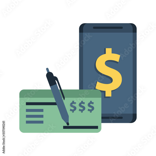 smartphone with money symbol and check banknote