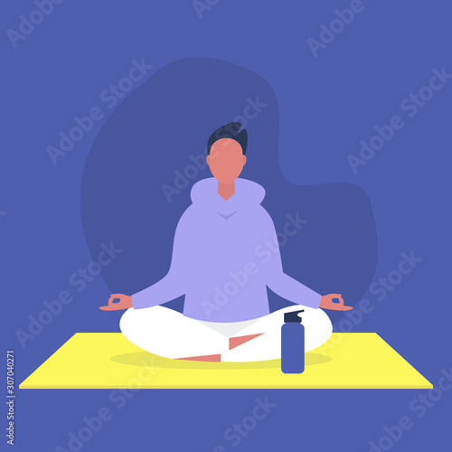 Young male character sitting in a lotus position, relaxation and meditation, yoga studio