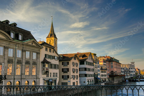 View of the old town and the river in the evening of Zurich, Switzerland.