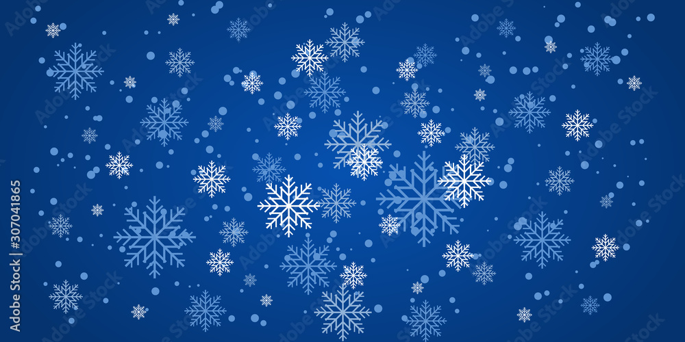 Christmas snowfall, festive mood, snow and swirling snowflakes on a blue background. New year illustration with snowflakes. Vector illustration EPS10.