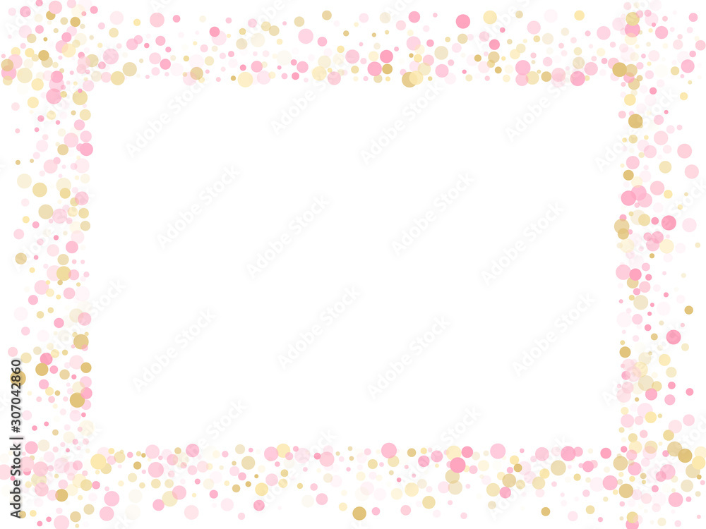 Gold, pink and rose color round confetti dots, circles scatter on white. Glamourous bokeh background.