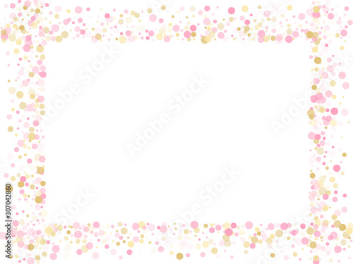 Gold, pink and rose color round confetti dots, circles scatter on white. Glamourous bokeh background.