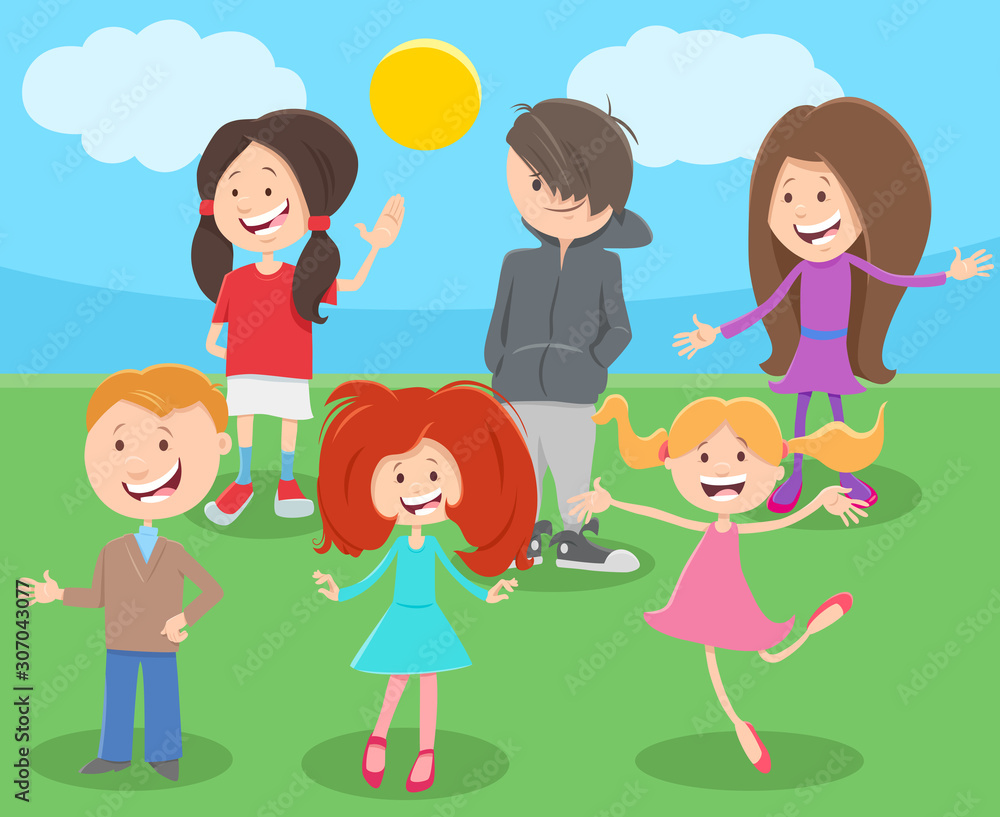 happy cartoon children or teens characters group