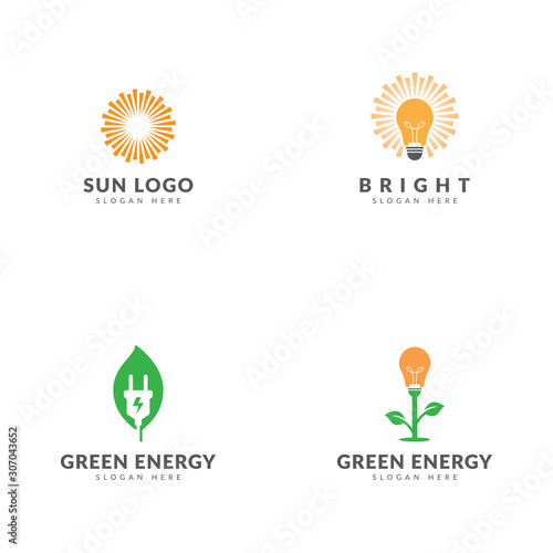 Green energy logo template collection, sun, light bulbs, plants, green leaves vector design