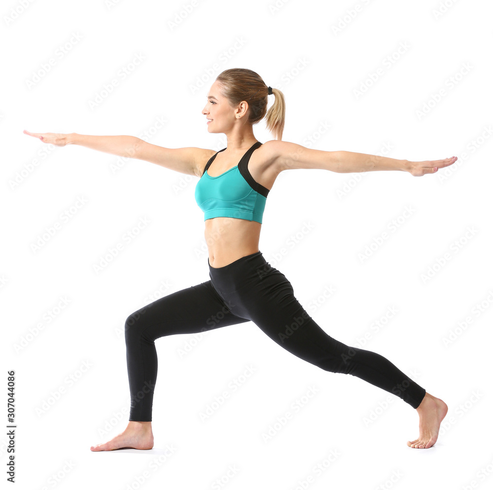 Beautiful young woman practicing yoga on white background Beautiful young woman practicing yoga on white background