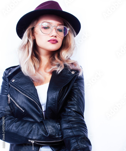 young pretty blond girl hipster in hat posing smiling happy isolated on white background, lifestyle people concept