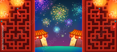Chinese architecture with fireworks