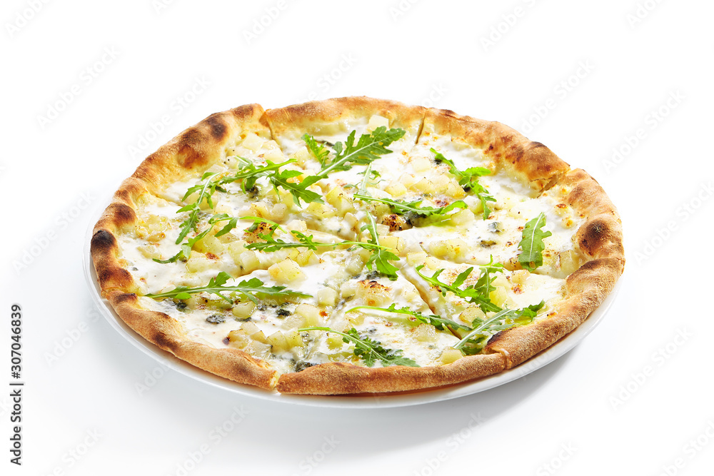 White Four Cheeses Pizza Isolated on White Background Close up White Four Cheeses Pizza Isolated on White Background Close up