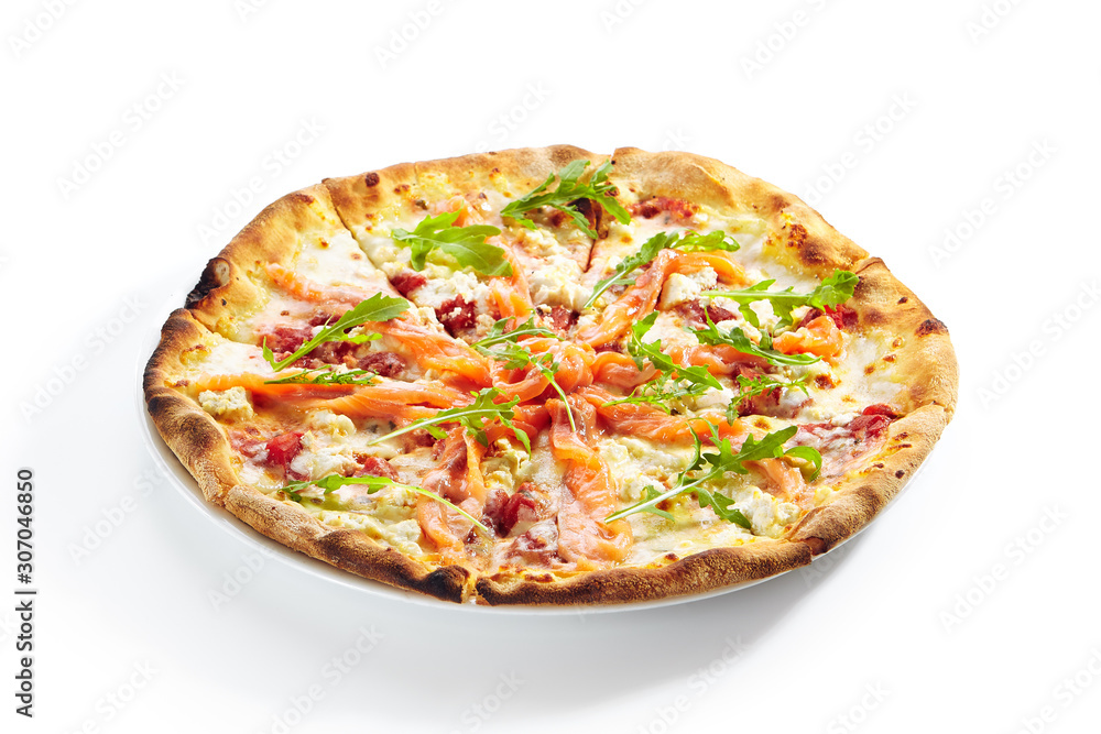 Pizza with Salmon, Cream Cheese and Fresh Rucola Leaves Isolated