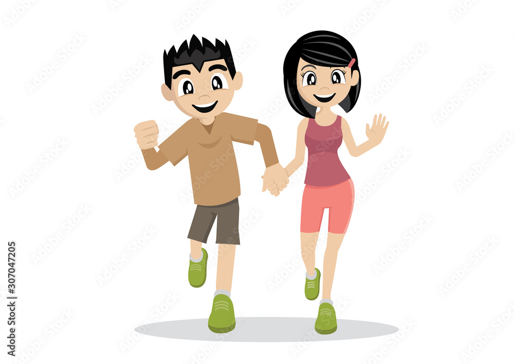 Happy Young man and woman jogging.