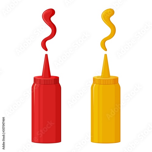 Sauce icon, ketchup and mustard. Hot spice sauce packed in plastic bottle. Vector illustration