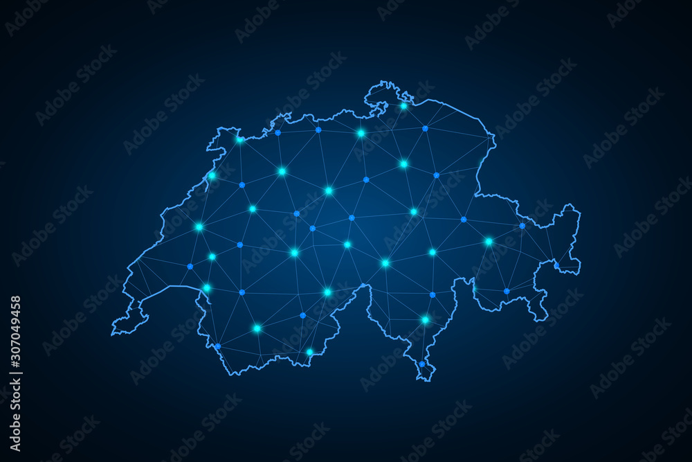 Fototapeta premium Szwajcaria mapa sieci wielokątów mozaiki linii, promieni i gwiazd kosmicznych ilustracji wektorowych. - Wektor