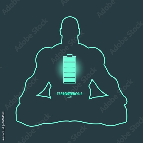 Hormone testosterone level measuring scale. Health care concept illustration. Muscular man sit in meditation pose silhouette.