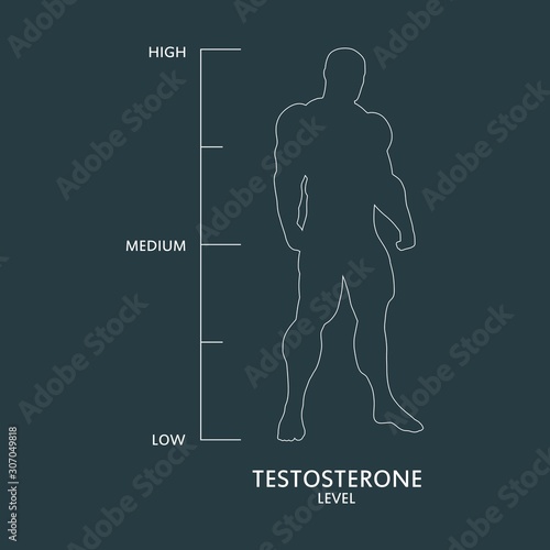 Hormone testosterone level measuring scale. Health care concept illustration. Muscular man silhouette. Abstract scale.