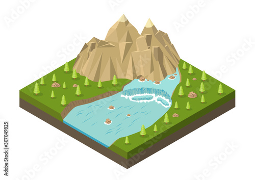 Isometric mountains with waterfall, river, and trees