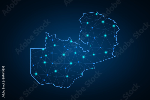 Map of Zambia. Wire frame 3D mesh polygonal network line, design sphere, dot and structure. communications map of Zambia. Vector Illustration EPS10.