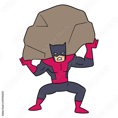 Cartoon Superhero Holding Up a Boulder