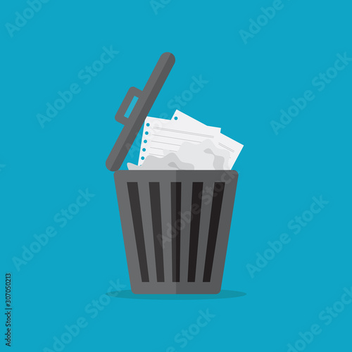 Paper waste, paper trash can flat design vector illustration