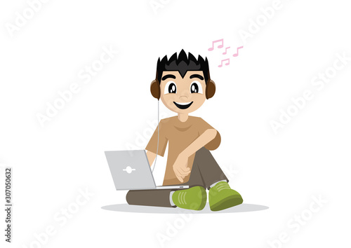 The boy sit listening to music through a computer laptop.