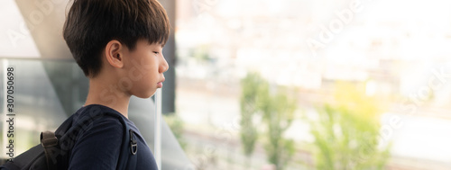 фотографія Banner portrait of a smart looking Asian tween student boy standing alone at the school