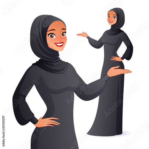 Beautiful Arab woman in hijab presenting. Isolated vector illustration.