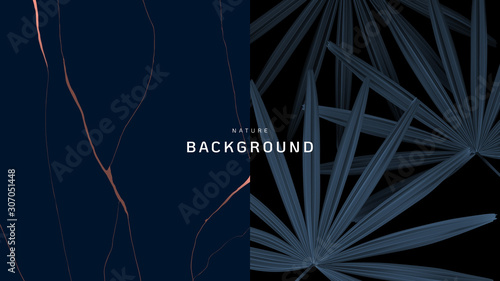 Nature background, Rhapis excelsa leaves and marble ink texture in dark blue tone