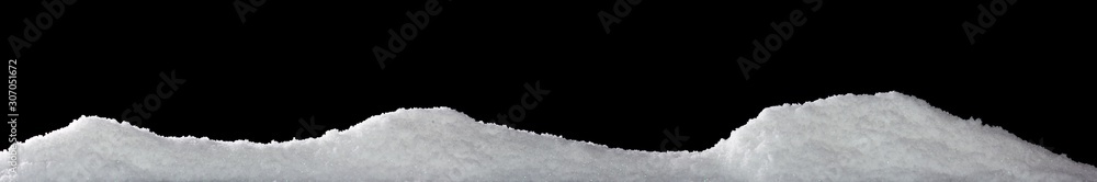 Banner of sparkling fuffy white snow hills isolated on black - obrazy, fototapety, plakaty 