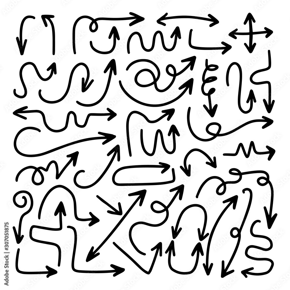 Fototapeta premium Arrows hand drawn doodle vector set. Sketch arrow design for application, banner, print screen, pen marks, map and typography design guide line.