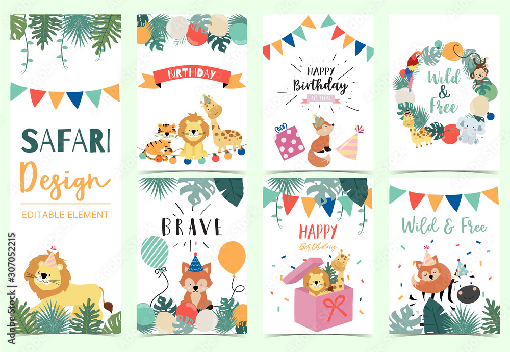 Green collection of safari background set with giraffe,fox,lion.Editable vector illustration for birthday invitation,postcard and sticker.Wording include wild one