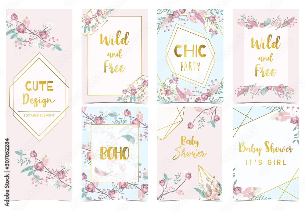 Collection of boho cards set with flower,feather.Vector illustration for birthday invitation,postcard and sticker.Editable element