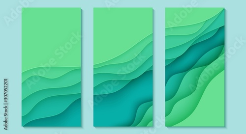 Three abstract vertical flyer collection in cut paper style. Set of cutout green wave template for for save the Earth posters environment ecology elements. Vector aquamarine applique card illustration