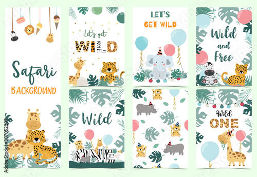 Green collection of safari background set with leopard,giraffe.Editable vector illustration for birthday invitation,postcard and sticker.Wording include wild one
