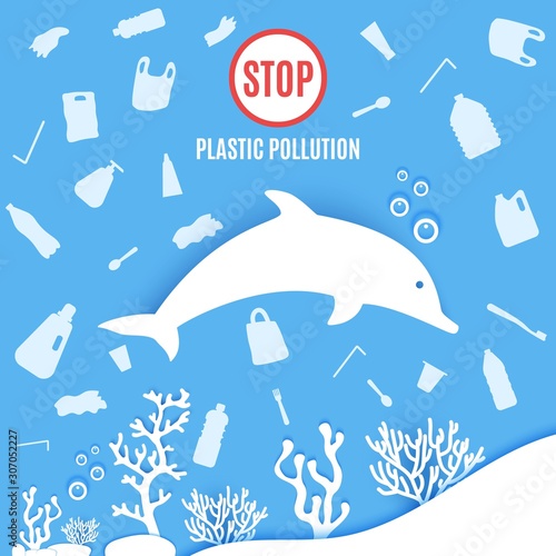 Dolphin under sea plastic trash floats around in paper cut style. Poster design template stop ocean plastic pollution. Vector ecological concept. Craft cardboard underwater ocean in blue white color