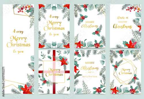 Collection of Christmas background set with holly leaves flower geometric.Editable vector illustration for New year invitation postcard and website banner