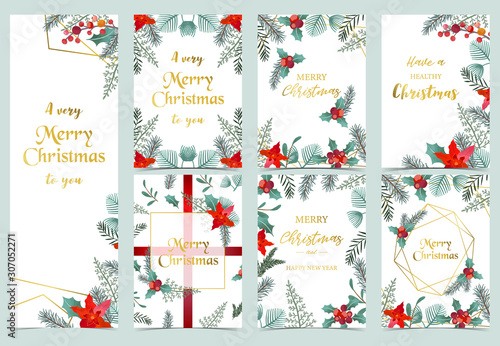 Collection of Christmas background set with holly leaves,flower,geometric.Editable vector illustration for New year invitation,postcard and website banner