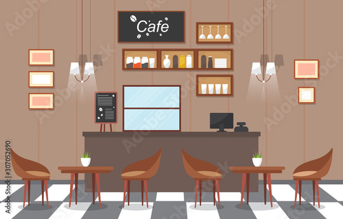Modern Cafe Coffee Shop Interior Furniture Restaurant Flat Design Illustration