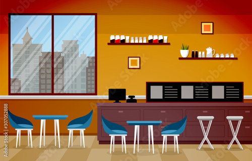 Modern Cafe Coffee Shop Interior Furniture Restaurant Flat Design Illustration